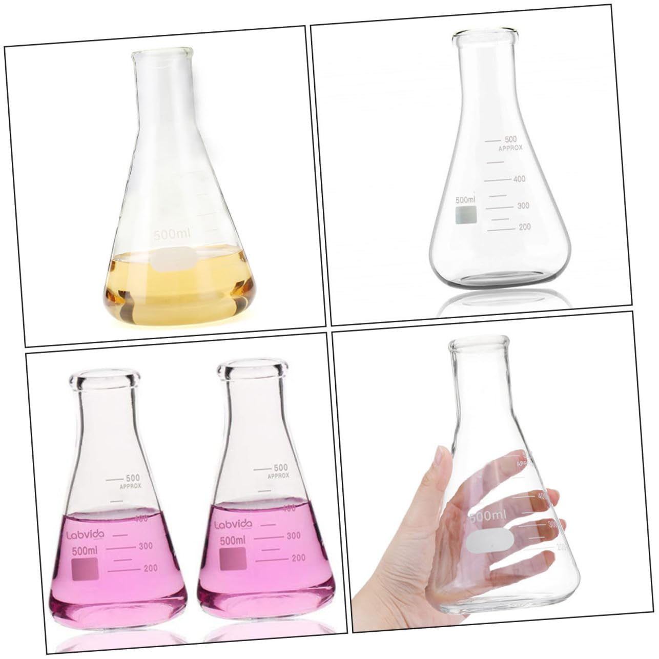 ULTECHNOVO Matraz Erlenmeyer Cónico de Vidrio 5 Piezas, Fondo Plano | Borosilicato Alto, Cuello Ancho y Graduaciones Estándar, Capacidades 50ml a 1000ml, Uso en Investigación