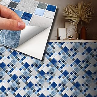 WALPLUS 15cm(6") 24 Pieces Stone Selection Blue and Grey Mosaic Wall Tile Sticker Set Peel and Stick Backsplash Decals Vinyl Home Decors Splashback for Kitchen Bathroom Tile Paint Stick on Wall