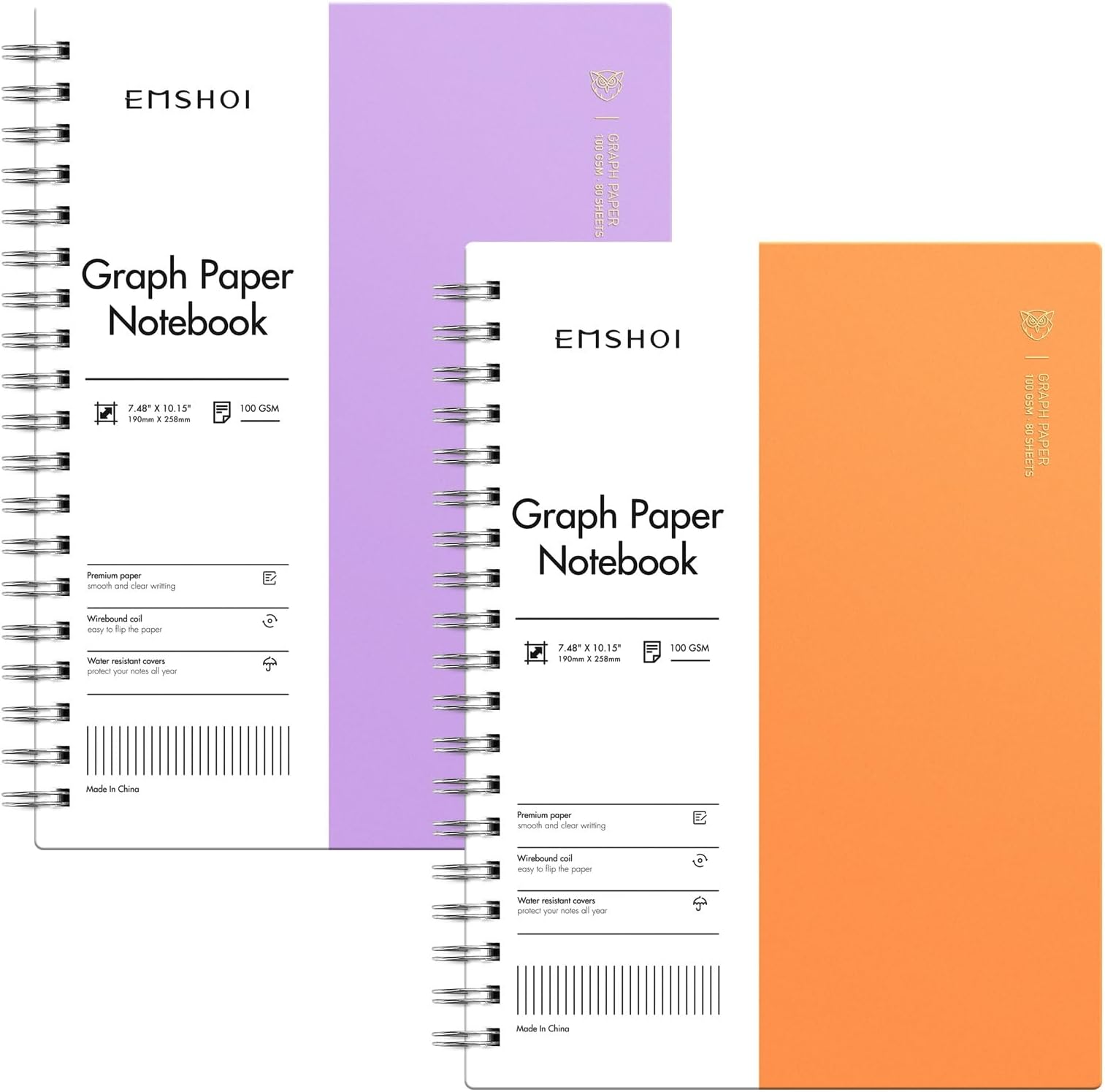 EMSHOI B5 Graph Spiral Notebook 2-Pack, 320 Pages 100GSM Thick Paper & Waterproof Cover, Grid for School, Work, Journaling - Ideal for Students, Professionals, Teachers Gifts -(Purple +Orange)