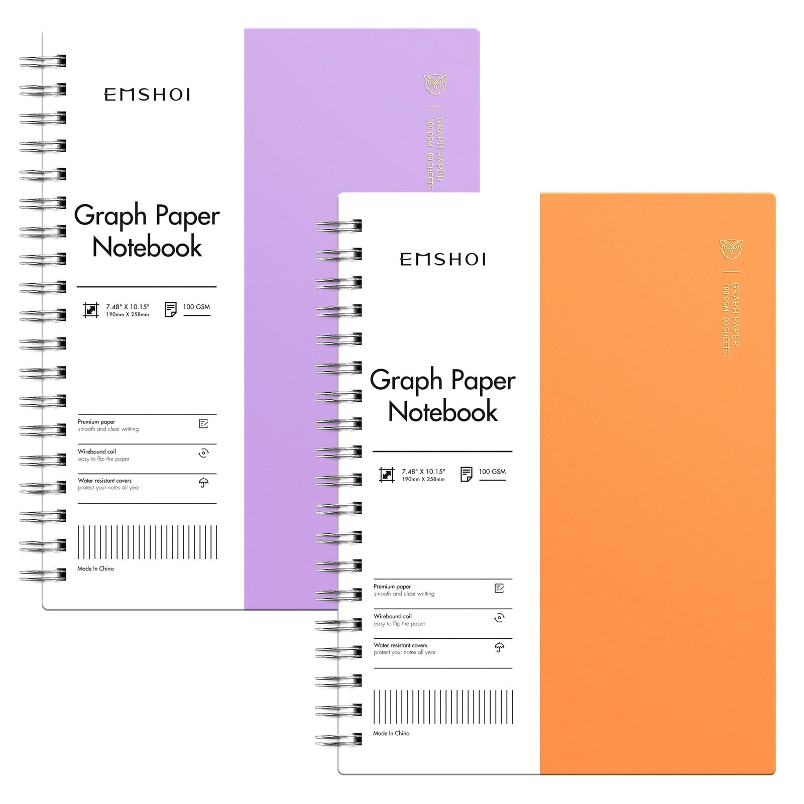 EMSHOI B5 Graph Spiral Notebook 2-Pack, 640 Pages 100GSM Thick Paper & Waterproof Cover, Grid for School, Work, Journaling - Ideal for Students,