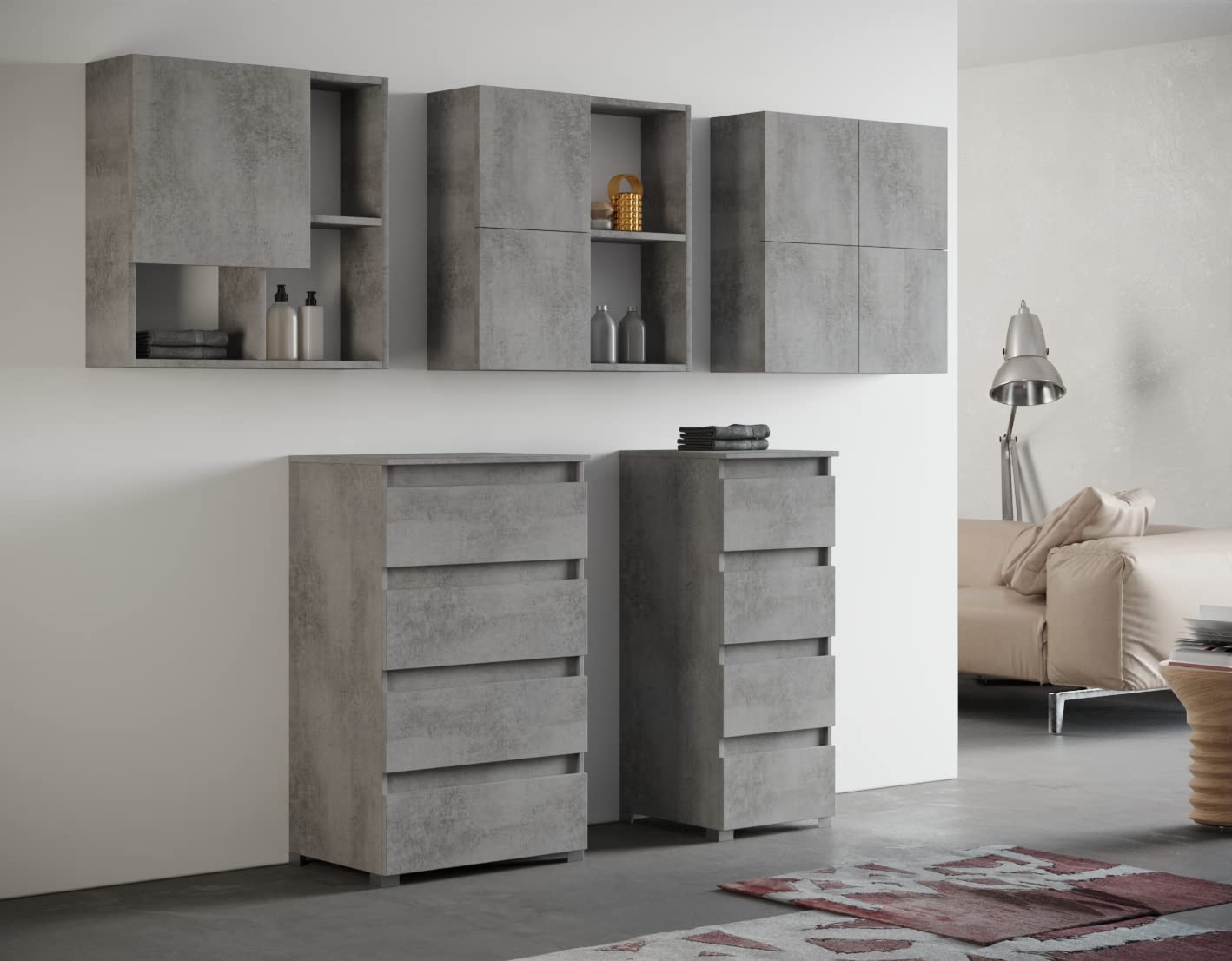MaMa Store Atena Pensile Doppio Mettitutto 4 ante e sistema di apertura push and pull, Laminato, Grigio Cemento L. 71 X P. 22 X H. 71 cm, Arriva già assemblato