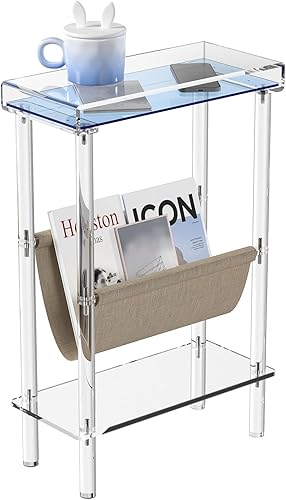 Eglaf Mesa auxiliar estrecha de acrílico para espacios pequeños, mesa auxiliar delgada con soporte para revistas, mesa auxiliar delgada para mesita