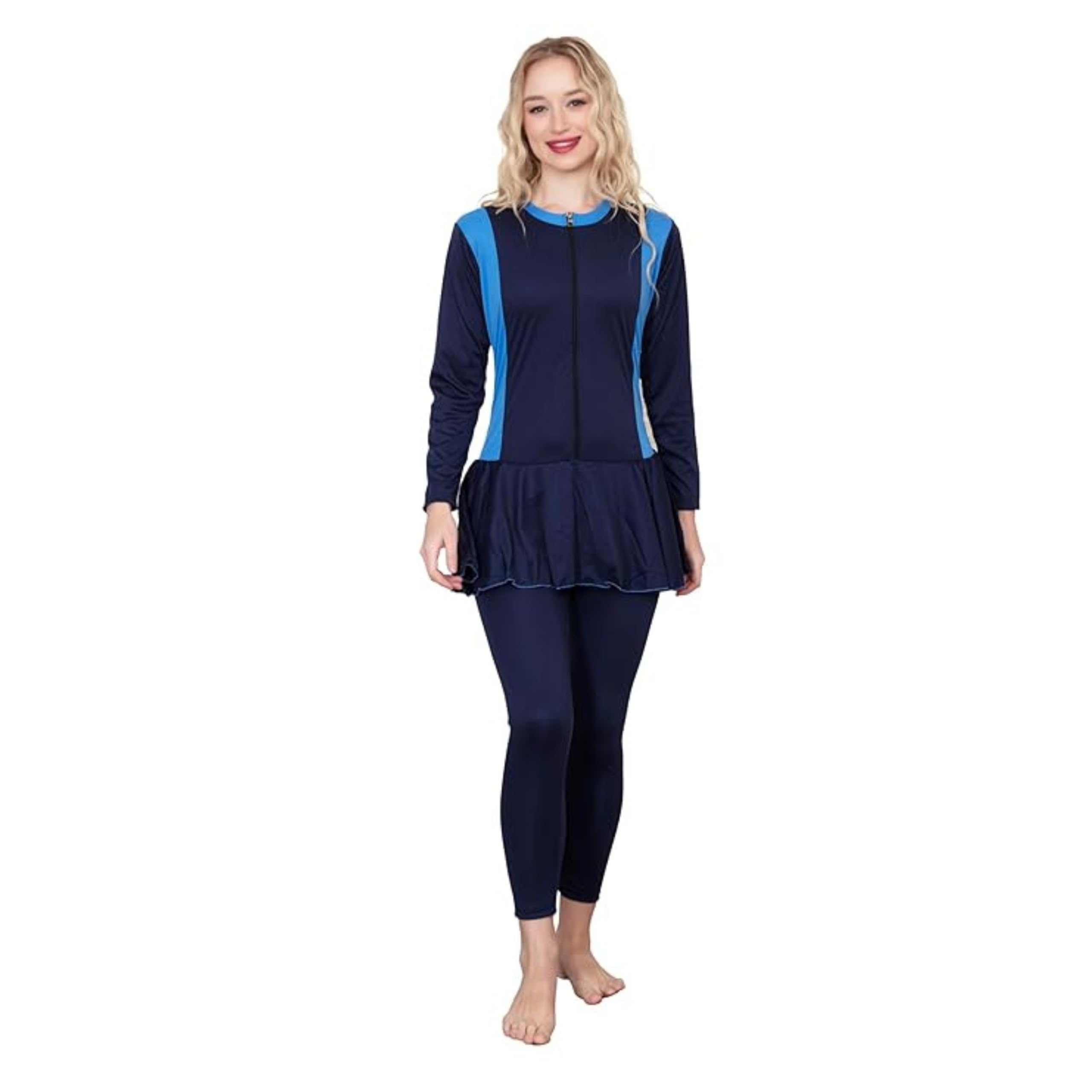 Poly-Jersy Full Body Swimming Costume for Women with Removable Chest Pads Frock Style with Piping