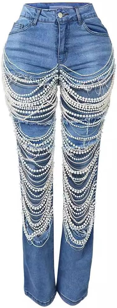 Womens Sexy Ripped Jeans Rhinestone Pearl Chains High Waist Y2K Denim Trousers