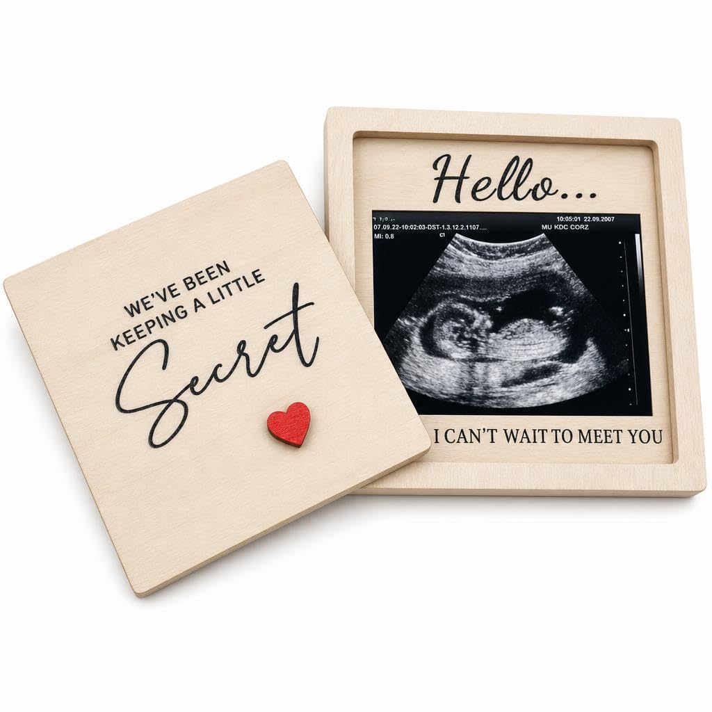 1 PC Baby Announcement Picture Frame, Beige Poplar Wood Ultrasound Scan Photo Holder, 5.51 x 5.51 Inch Newborn Sonogram Sign for Grandparents, Reveal Keepsake Gifts for Pregnant New Parents