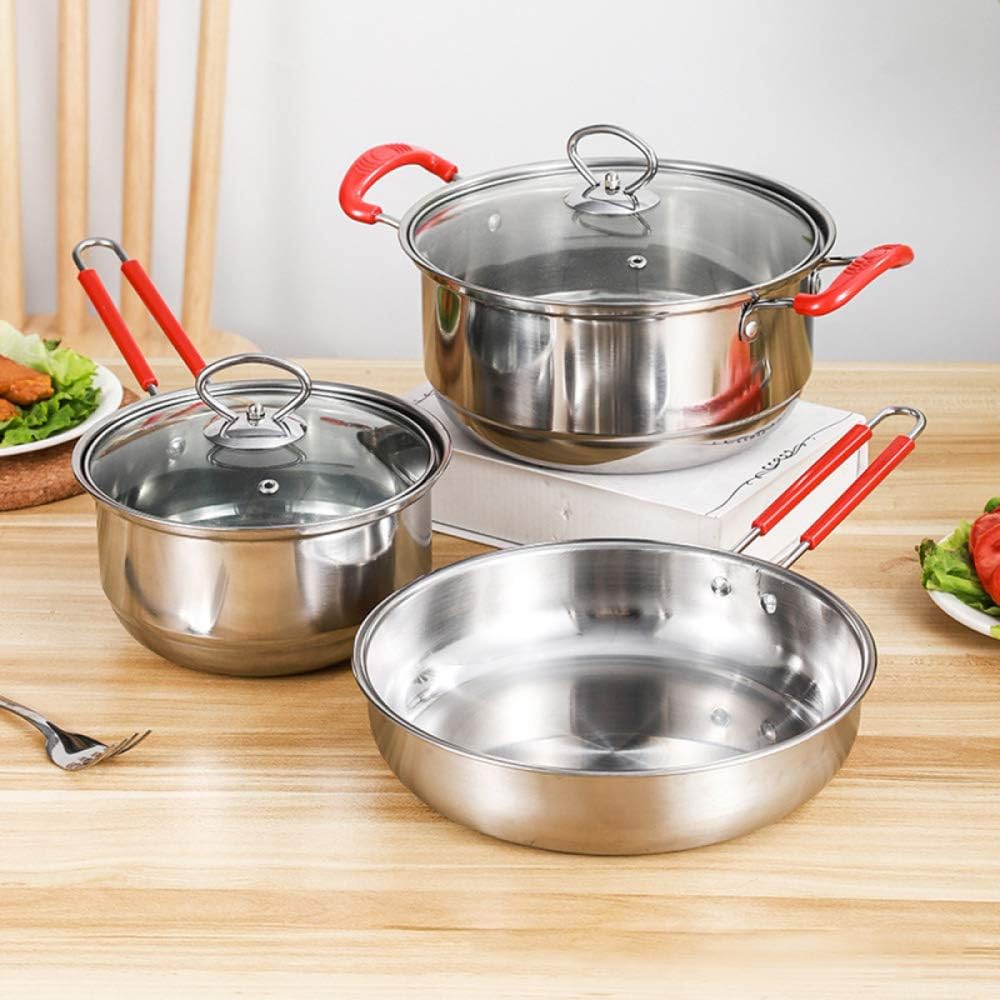 Pots and Pans Sets, Pots and Pans,3 Piece Non Stick Cookware Sets,Stainless Steel Induction Cooking Pans Set (24cm-Frying Pan 22cm-Saucepan 18cm-Milk Pan) (Red Variety Pack) (Red Variety Pack)
