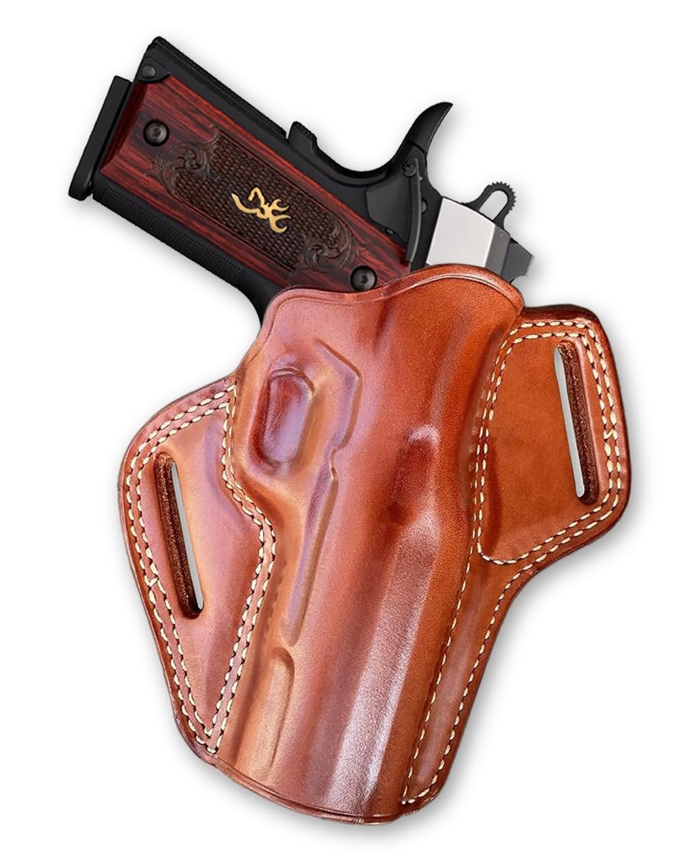 Premium Leather OWB Pancake Holster with Open Top, Fits Browning 1911-380/22LR Non-Railed Black Label Full Size 4.25" Barrel, Right Hand Draw, Brown Color #1347#