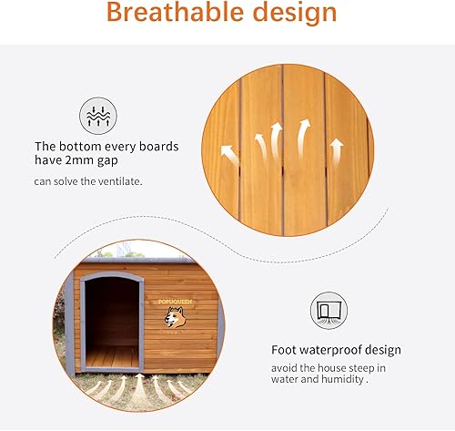 Miniatura 4 de Casa de madera maciza extra grande para perros, para interiores y exteriores, para invierno, con patas elevadas, techo inclinado para perros