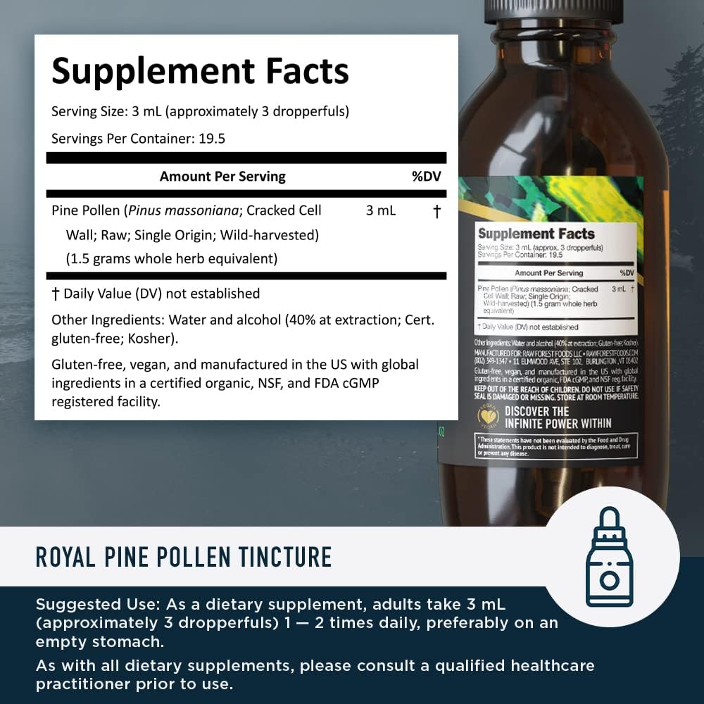 Royal Pine Pollen Tincture — Adaptogenic, Pro-Androgenic, Endocrine Health Support — Pure RAW Pine Pollen — Full Potency Bioavailable Dual-Stage Tincture — Men & Women — Vegan, Gluten Free — 2 Ounces : Health & Household