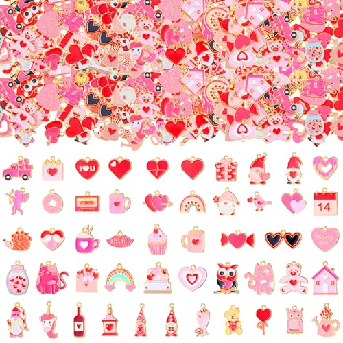 200 Pcs Valentines Charms for Jewelry Making Valentine's Day Charms Bulk Gold Enamel Heart Gnome Rose Cupid Charms Pink Pendants for Valentines Bracelet Necklace Earrings Making Gifts for Valentine