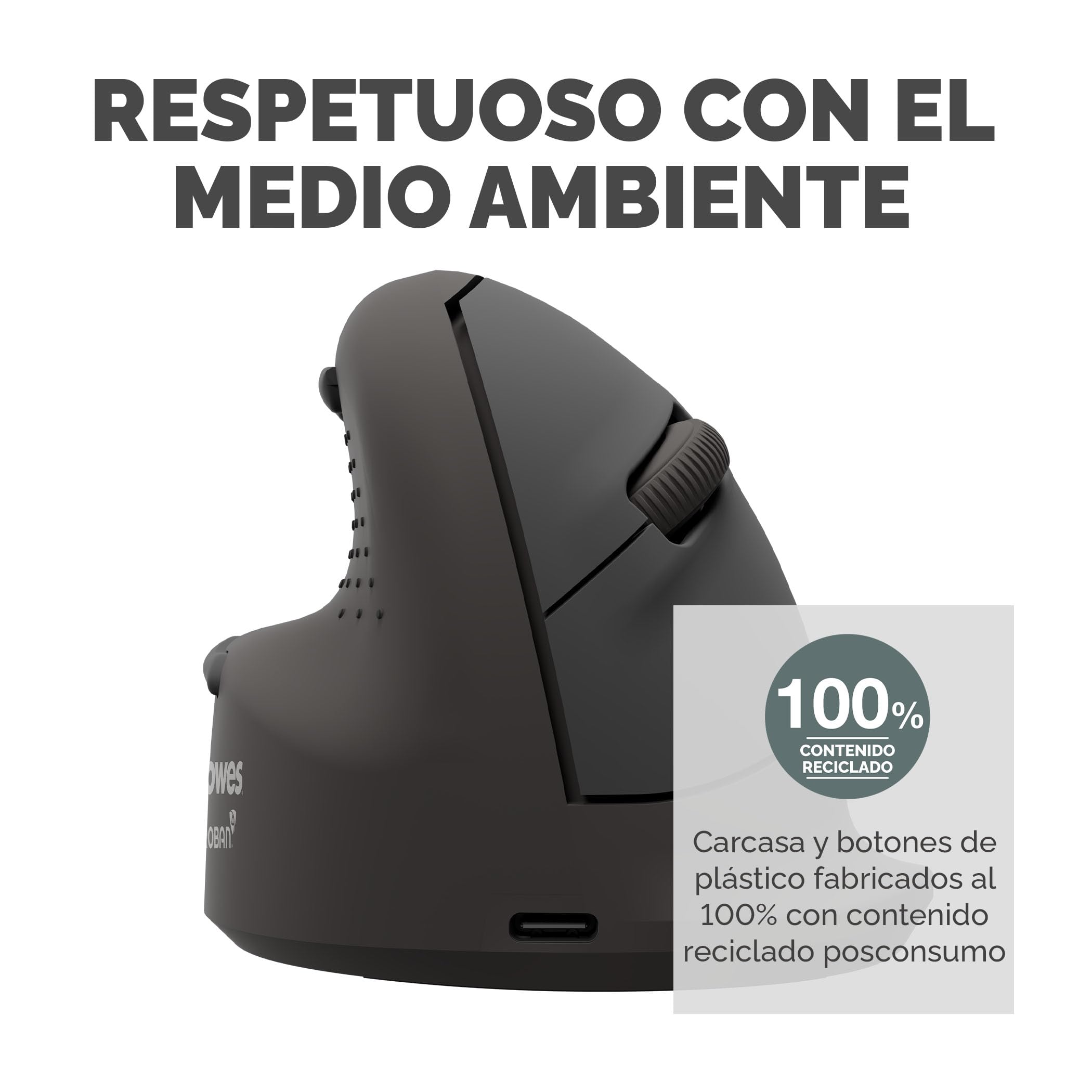 Fellowes Ratón Vertical Ergonómico Breyta Plus Mediano para Zurdos – Bluetooth inalámbrico, dongle inalámbrico o Cable, Contenido Reciclado, protección antimicrobiana Microban, batería Recargable