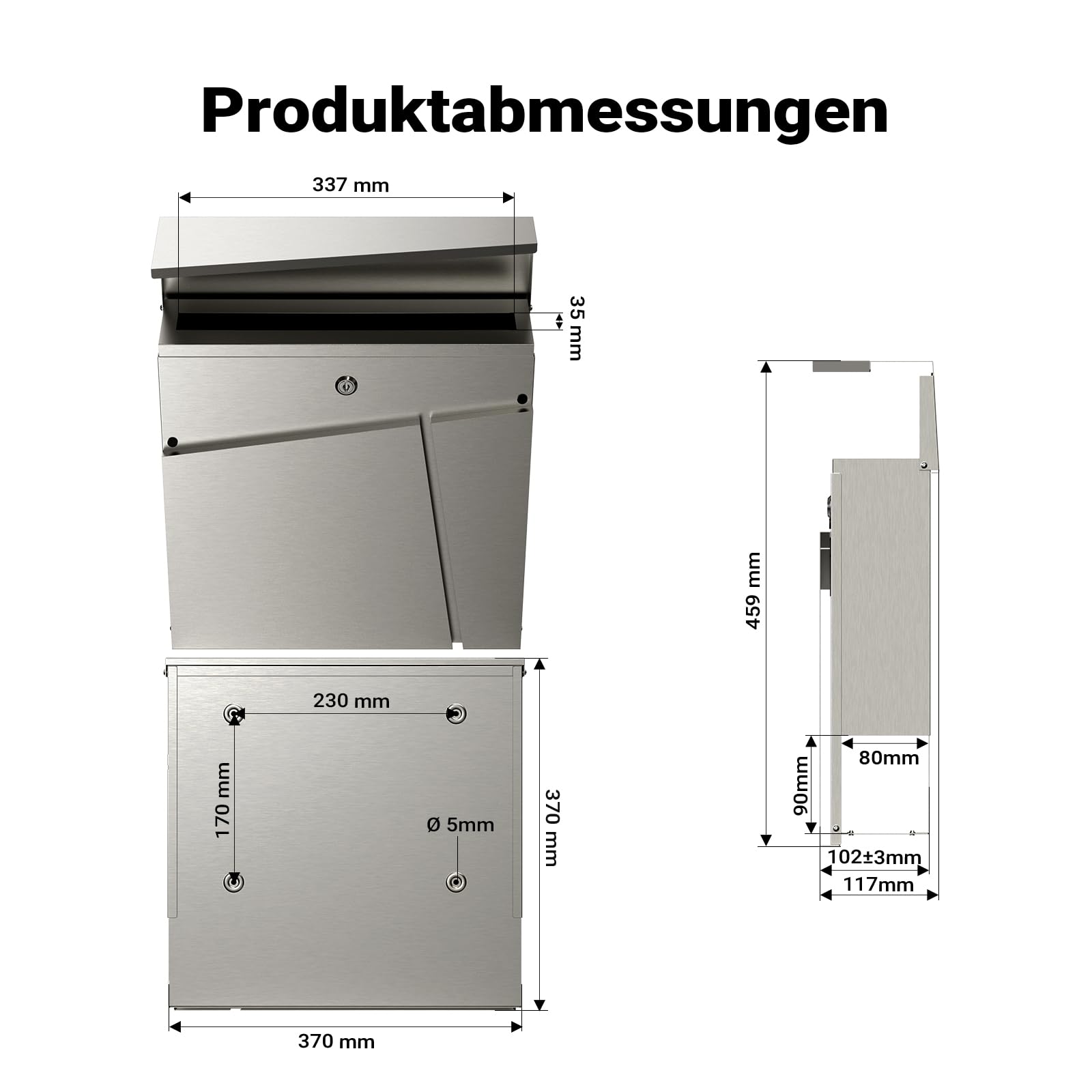 Wiltec Designer Briefkasten V23 Edelstahl 370 x 102 x 370 mm, Wandbriefkasten mit Schloss und Zeitungsrolle, Postkasten aus Stahl