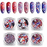 Independence Day Star Glitter 4th of July Nail Art Sequins,6 Boxes Holographic Nail Decals Mixed Star Hollow Hexagon Circles Confetti Shaped for Women Girls Face Body Nail Decoration