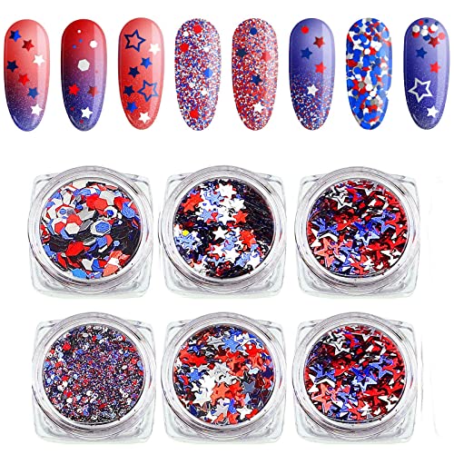Independence Day Star Glitter 4Th Of July Nail Art Sequins,6 Boxes Holographic Nail Decals Mixed Star Hollow Hexagon Circles Confetti Shaped For Women Girls Face Body Nail Decoration #TOP17