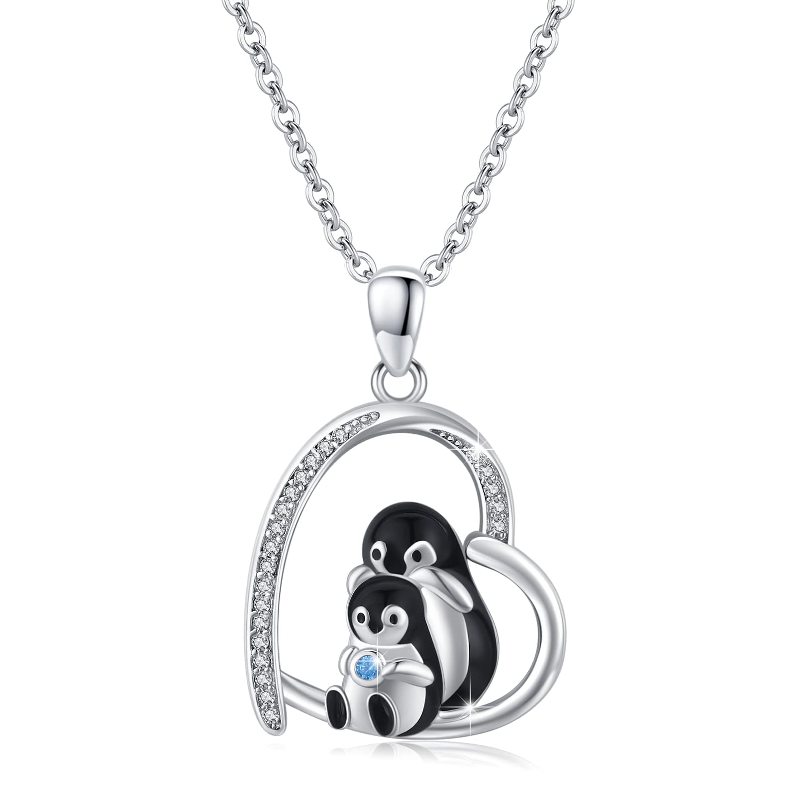 REDSUN Collar de pingüino de plata de ley 925 con colgante de corazón de animales, cadena de pingüino, regalos para mujeres con circonita, día de la madre, regalo para madre e hija