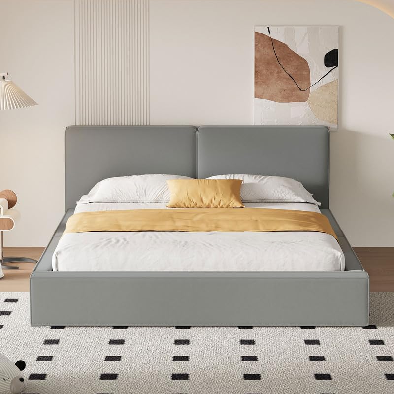 Queen Size Platform Bed with Upholstered Headboard, Modern Velvet Floor Bedframe with Wood Slat Support, Extra Large Grounded Bed with Solid Frame, No Box Spring Needed, Gray
