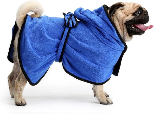 Zellar Dog Bathrobe Towel with Adjustable Strap Hood, Microfibre Fast Drying Super Absorbent Pet Dog Cat Bath Robe Towel for Drying Coats, Small, Blue