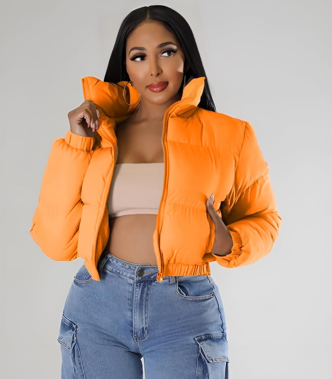 Angsuttc Puffer Jacket Womens Cropped Zip Up Padding Warm Quilted Jackets Winter Coats - Image 7