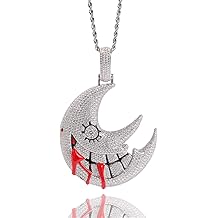 Shiny CZ Simulated Diamond Grinning Crescent Moon Necklace, Iced Out Zircon Gothic New Moon Pendant, Gold Plated Hip Hop Charm Jewelry for Men