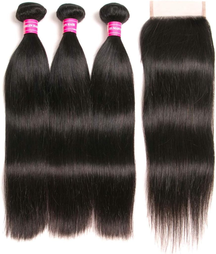 RUIMEISI Brazilian Straight Hair With Closure 3 Bundles Unprocessed Virgin Human Hair Bundles With Lace Closure Free Part Hair Extensions Natural Color (24/26/28+22 Inch)