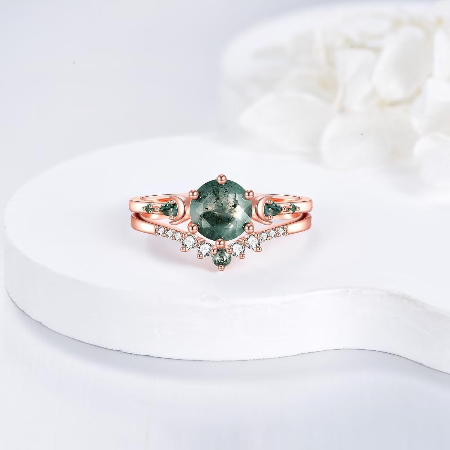 Natural Moss Agate Engagement Rings Set for Women 925 Sterling silver with plated 18k rose gold 2CT Round Green Moon Leaf Art Deco Bridal Wedding Ring Set - Image 2