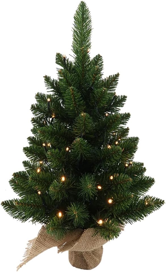 Small Christmas Tree with Lights,Holiday Artificial Flocked Mini Christmas Tree Decoration,Includes 50 Led Warm Yellow Lights and Cloth Bag,Indoor Home Evergreen Tabletop Decor 2ft/24inch
