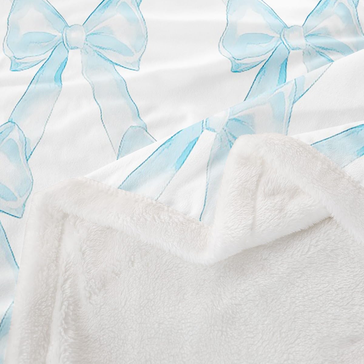 Erosebridal Ribbon Bow Girls Queen 90"X90" Throw Blanket Blue White Bowknot Fleece Blankets Princess Style Bow Tie Sherpa Blanket Dreamy Watercolor Bowknot Plush Bed Blanket for Kids Bed
