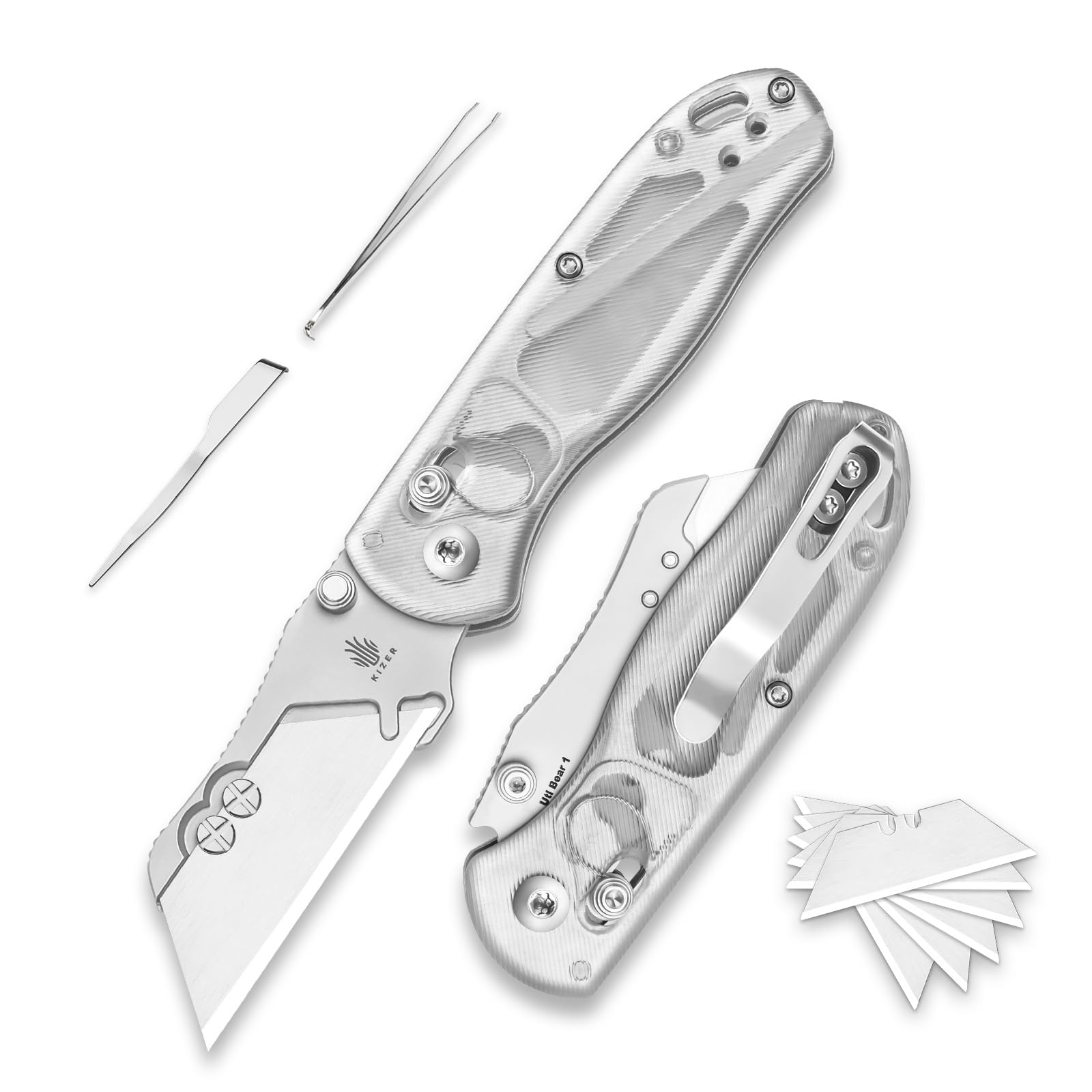Kizer Drop Bear (Version à Double Vis) Couteau Utilitaire Pliable, Cutter à Verrouillage à Embrayage Couteau de Poche EDC avec 10 Lames de Rasoir, Couteaux de Poche avec Clip de Poche V3619JA5