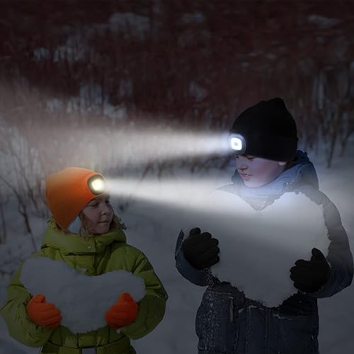 Miniatura 6 de Jecery 12 juegos de gorro LED para niños con guantes de punto ligeros y cálidos, gorras recargables por USB, guantes de punto de invierno para niñas