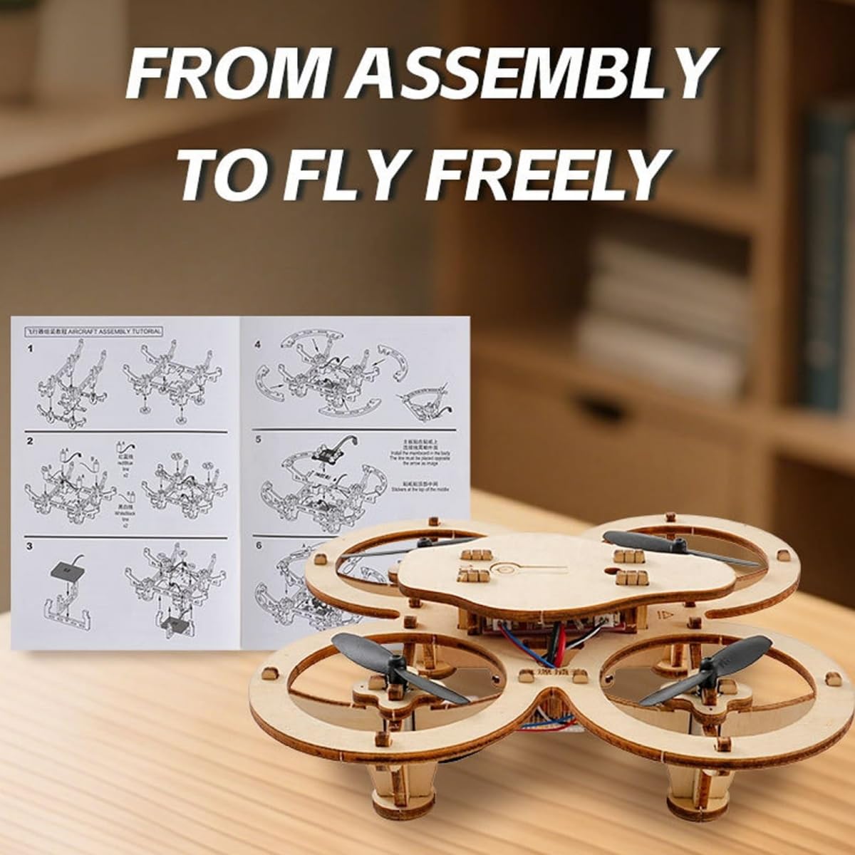 DIY Wooden Drone Kit, DIY Wooden Assembly RC Drone Kit, Aircraft RC Quadcopter with Remote Control, 4-Axis Flight Educational STEM Building Toy, Creative Aircraft Science Model (1set)