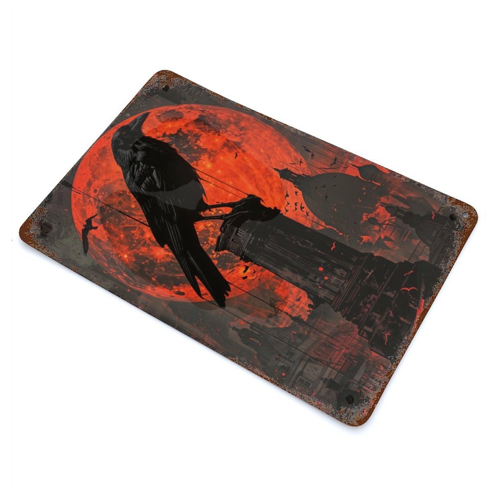 Weathered Tin Sign Raven And The Blood Moon 11.8"x7.9", Rustic Home Decor for Bistro, Counter And Cafe Decor