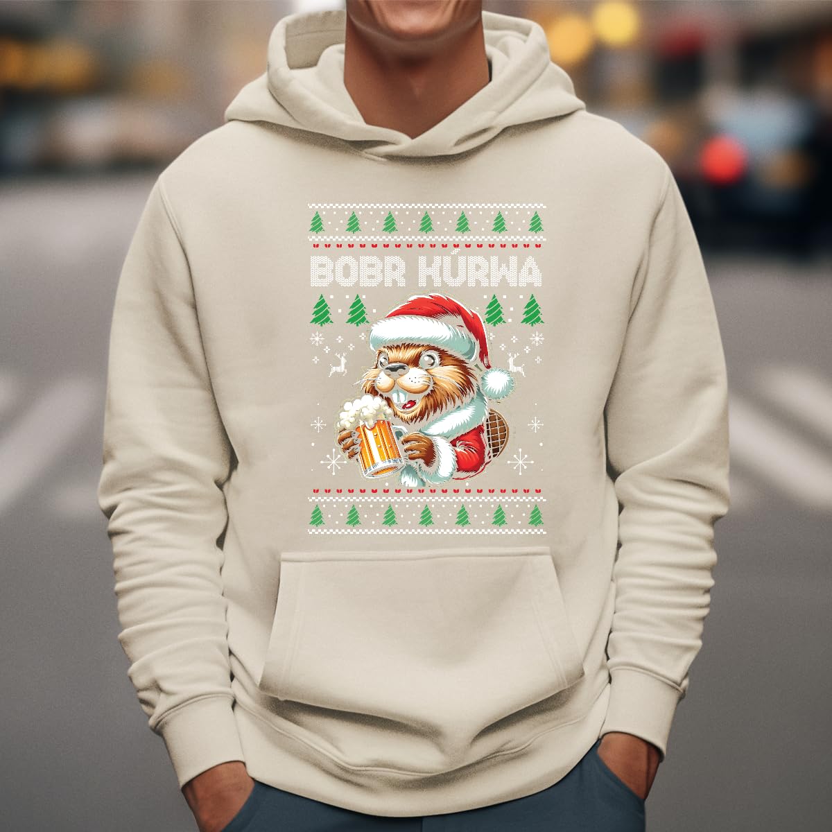 Bobr Kurwa Bier Beer - Jersey navideño navideño con capucha, piedra natural, M