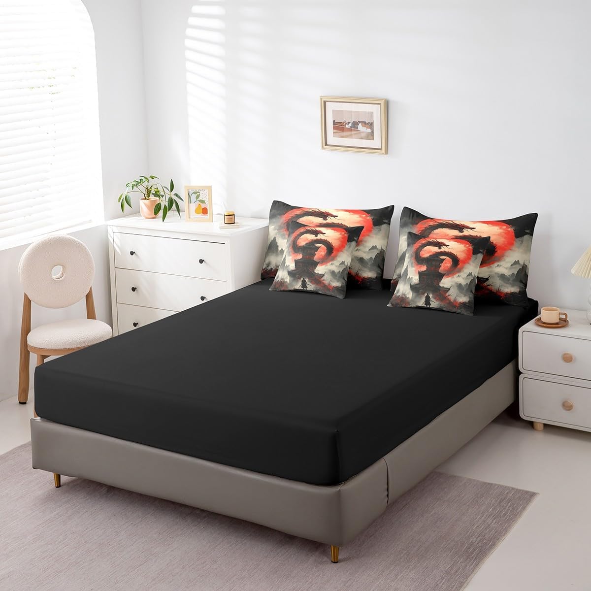 jejeloiu Dragon Queen Comforter Set with Sheets Japanese Style Samurai 7 Pieces Bedding Set Queen Size for Kids Boys Girls Teens Anime Sunset Bed Set Moon Japan Bed in a Bag