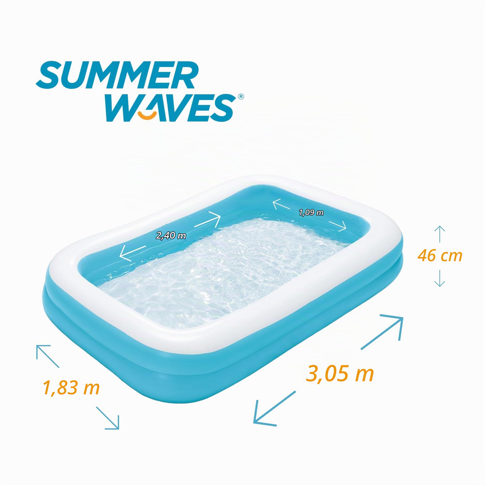 Summer Waves Piscina Hinchable Familiar Rectangular Infantil, 3.05 M x 1.83 M x 46 CM