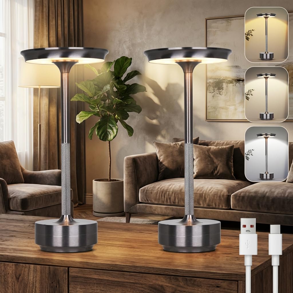 Tischlampe Kabellose LED, 3 Farbtemperaturen Stufenlos Dimmbare Akku Tischleuchte, Touch Lampe mit USB-C, Dunkelgrau Stylische Tischlampe Akku für Innen & Außenbereich, Metall Tischleuchte 2er-Set
