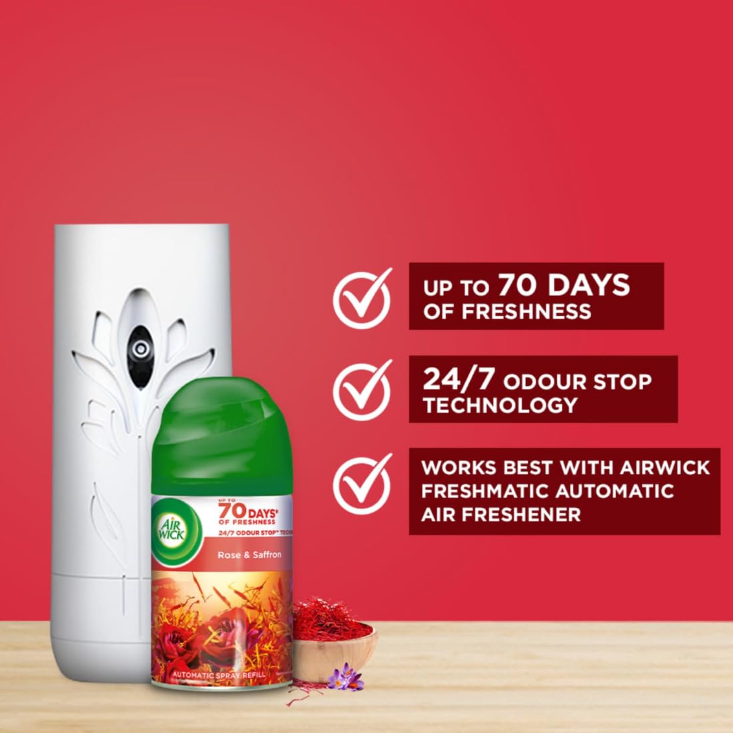 Air Wick 250 ml - Rose & Saffron, Freshmatic Automatic Air Freshener Refill | 2600 Sprays Guaranteed | Automatic Room Freshener, Bathroom Freshener and Room Spray (Pack of 4) - Image 4 thumbnail