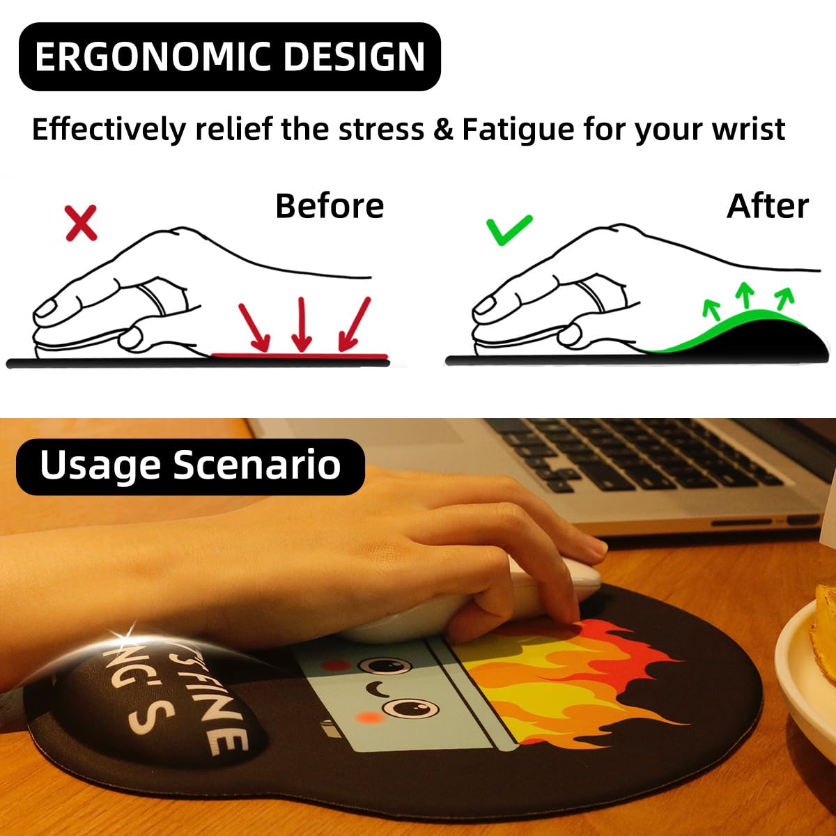 Upgrade Mouse Pad with Wrist Rest, Dumpster on Fire Ergonomic Gaming Gel Mouse Pad with Wrist Support, Cute Computer Mousepad for Desk Home Office Laptop, Pain Relief, Non-Slip PU Base
