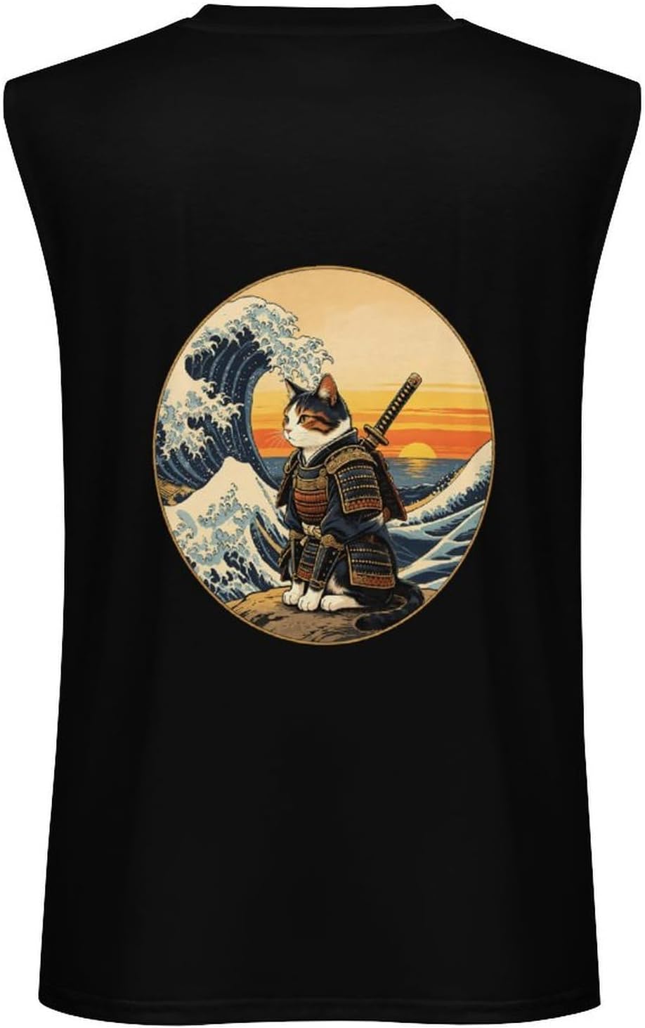 Samurai Cat Great Waves Men Summer Sleeveless Crew Neck Top 5XL