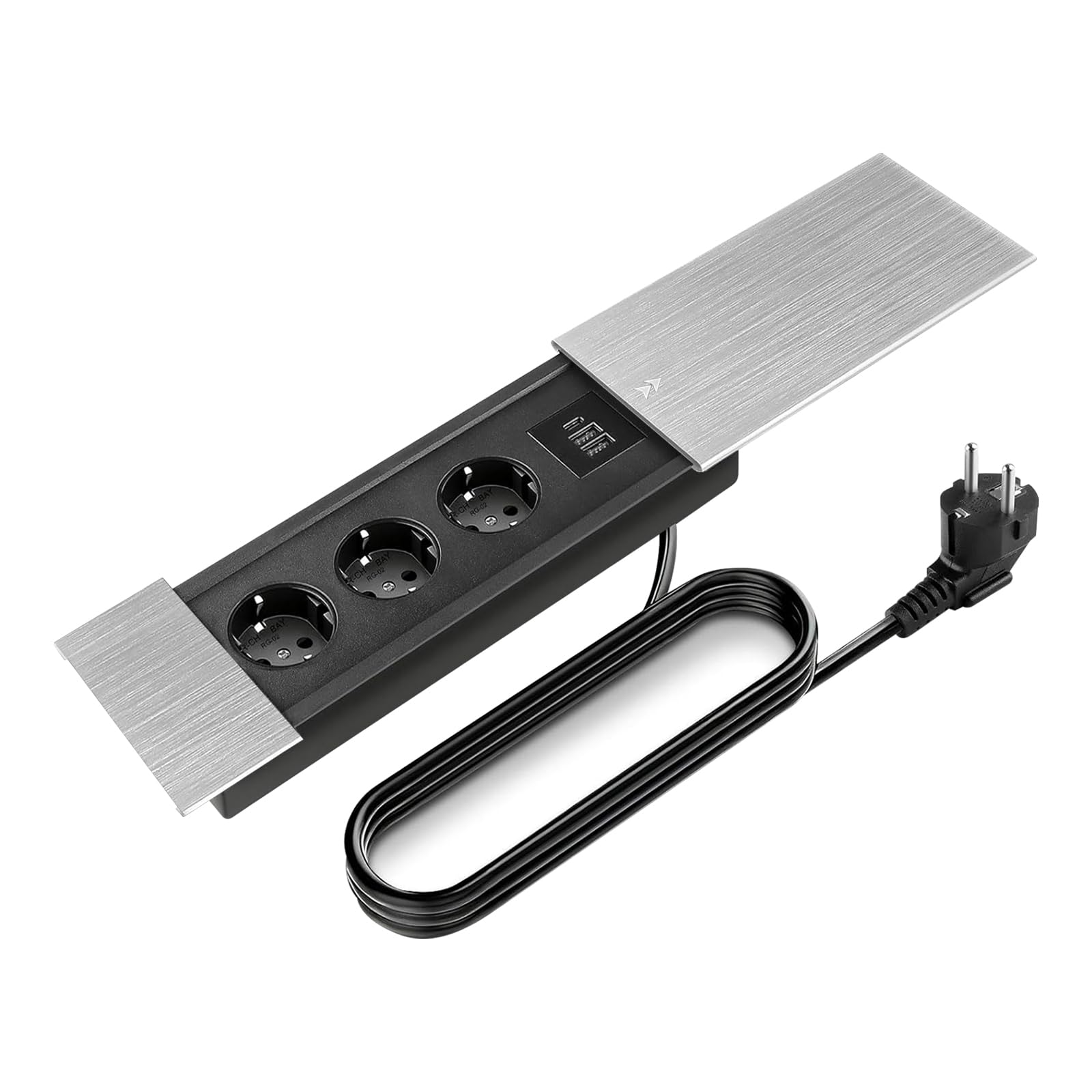 Aluminium Enchufe de Mesa Empotrable, Salida de Enchufe Retráctil con 3 Enchufes, 2 Puertos USB y Tipo C, 3000W/16A Regleta Empotrable para Escritorios, Mesas de Trabajo, Mesas de Comedor
