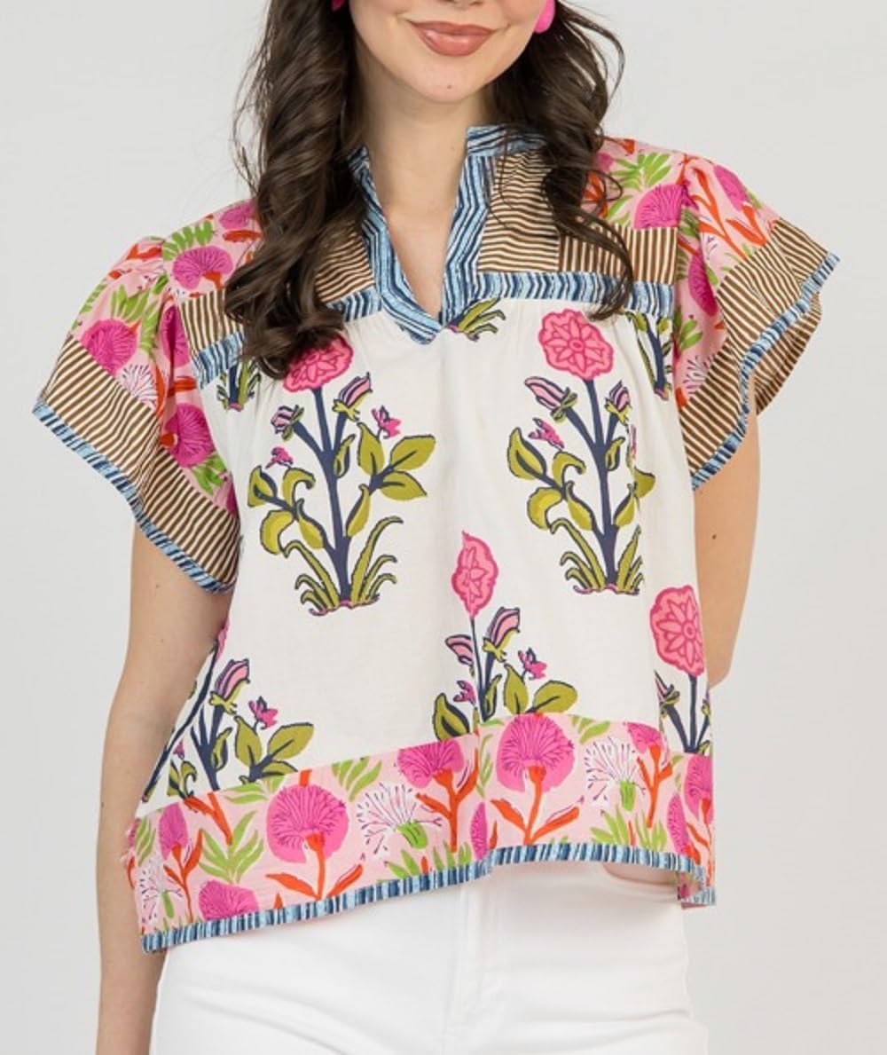 Women Floral Patchwork Short Sleeve Shirt Boho Flutter Sleeve V Neck Peplum Blouse Tops Summer Y2k Babydoll Tank Top - Image 2