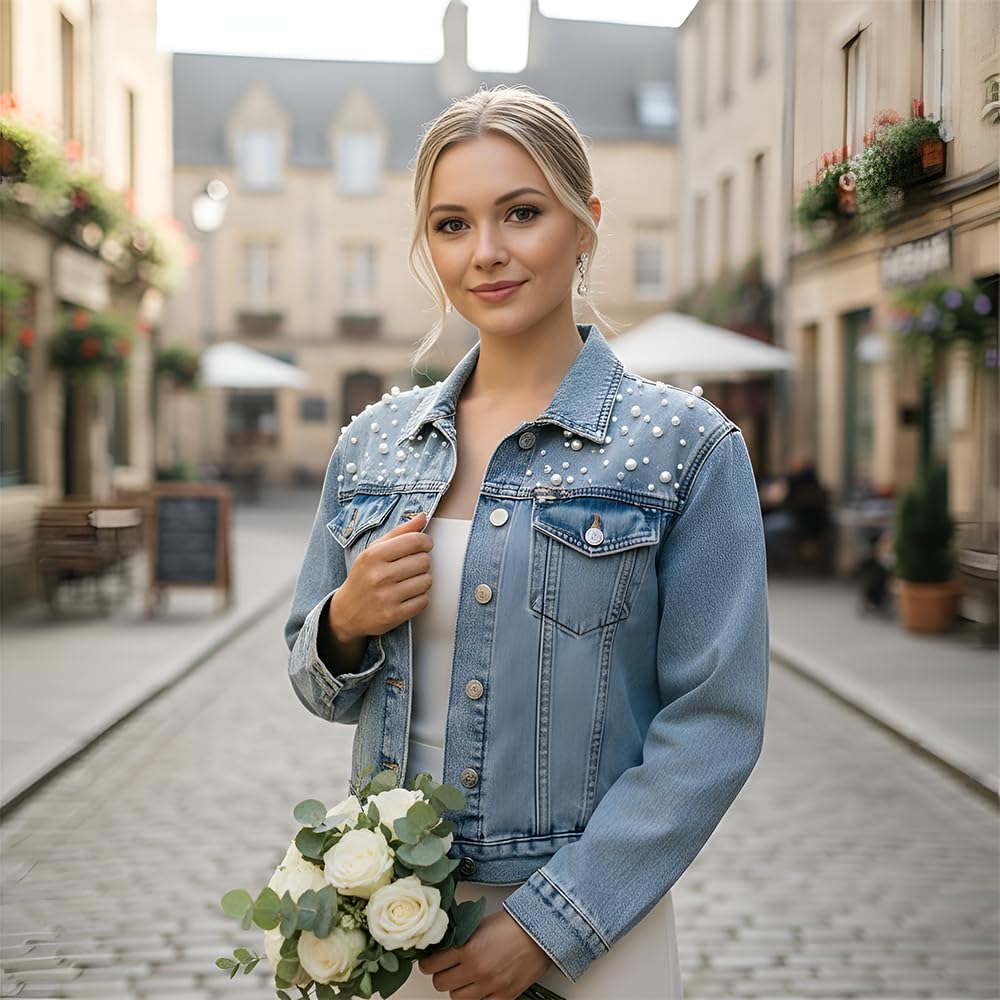Noni Personalized Bride Denim Jacket with Pearl & Floral Design, Custom Future Mrs Jacket, Wedding Gift - Image 2