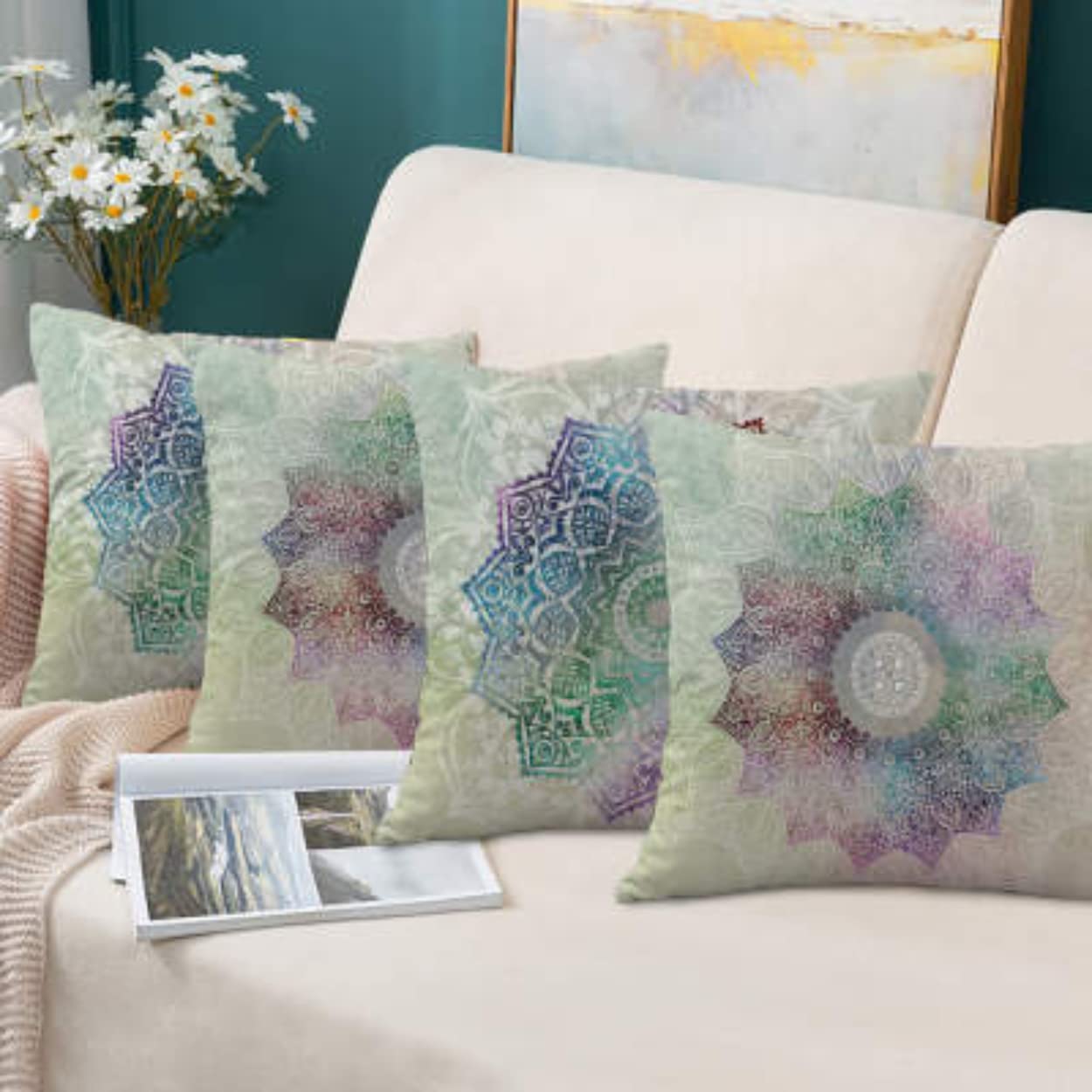 SusggO 4 federe per cuscini 45 x 45 cm - federe decorative moderne al tatto morbido cerniera invisibile - cuscini letto divano auto federe cuscino decorazione casa (Mandala