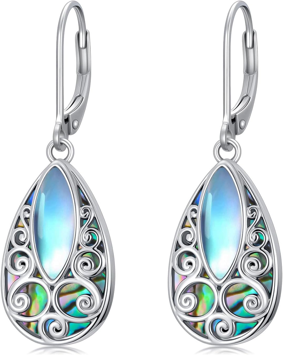 Moonstone Filigree Leverback Earrings for Women Sterling Silver Teardrop Abalone Shell Drop Dangle Earrings Jewelry Anniversary Birthday Gift