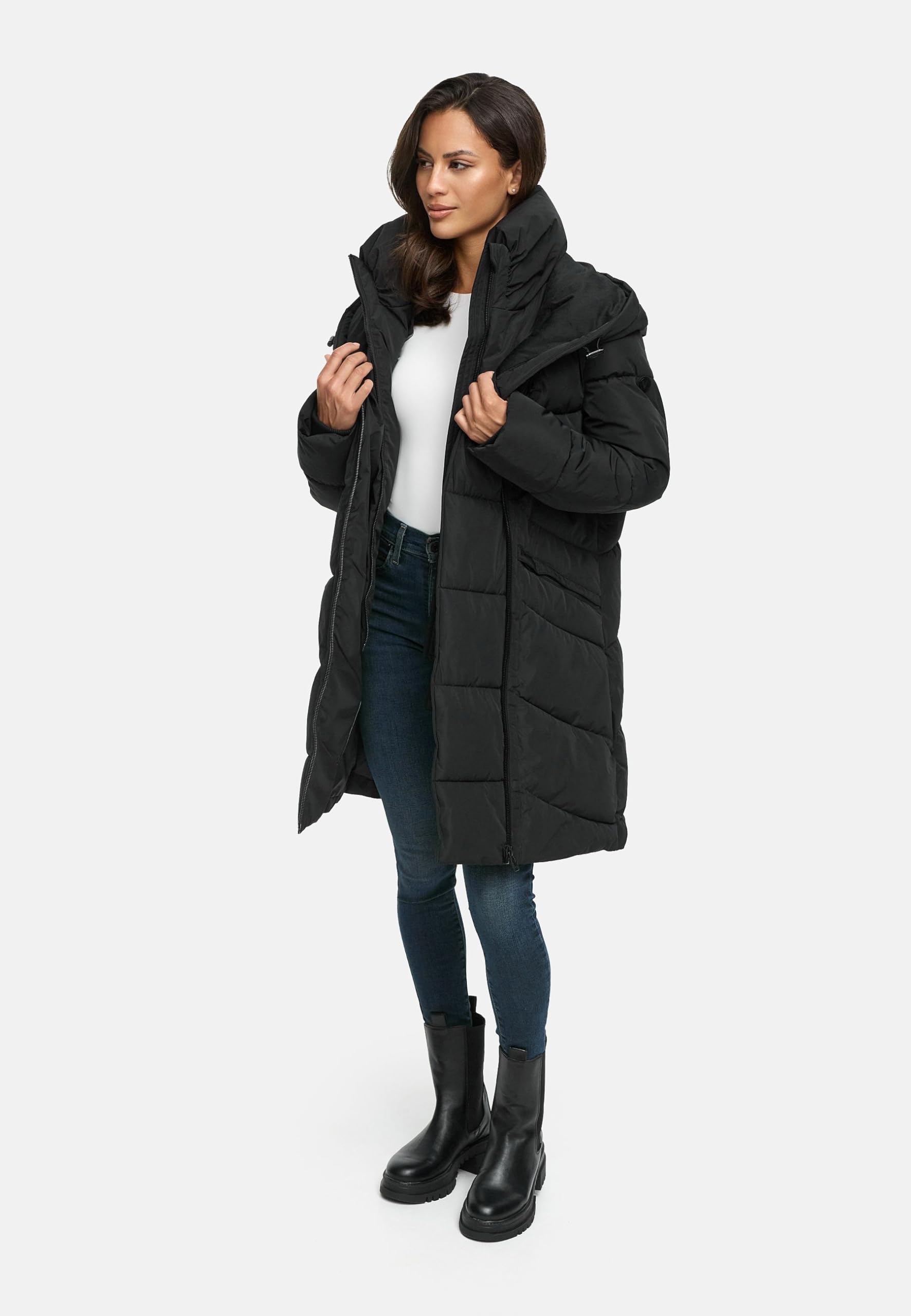 MARIKOO Cappotto lungo donna calda giacca invernale con doppia cerniera e cappuccio Virenaa 16 S-3XL