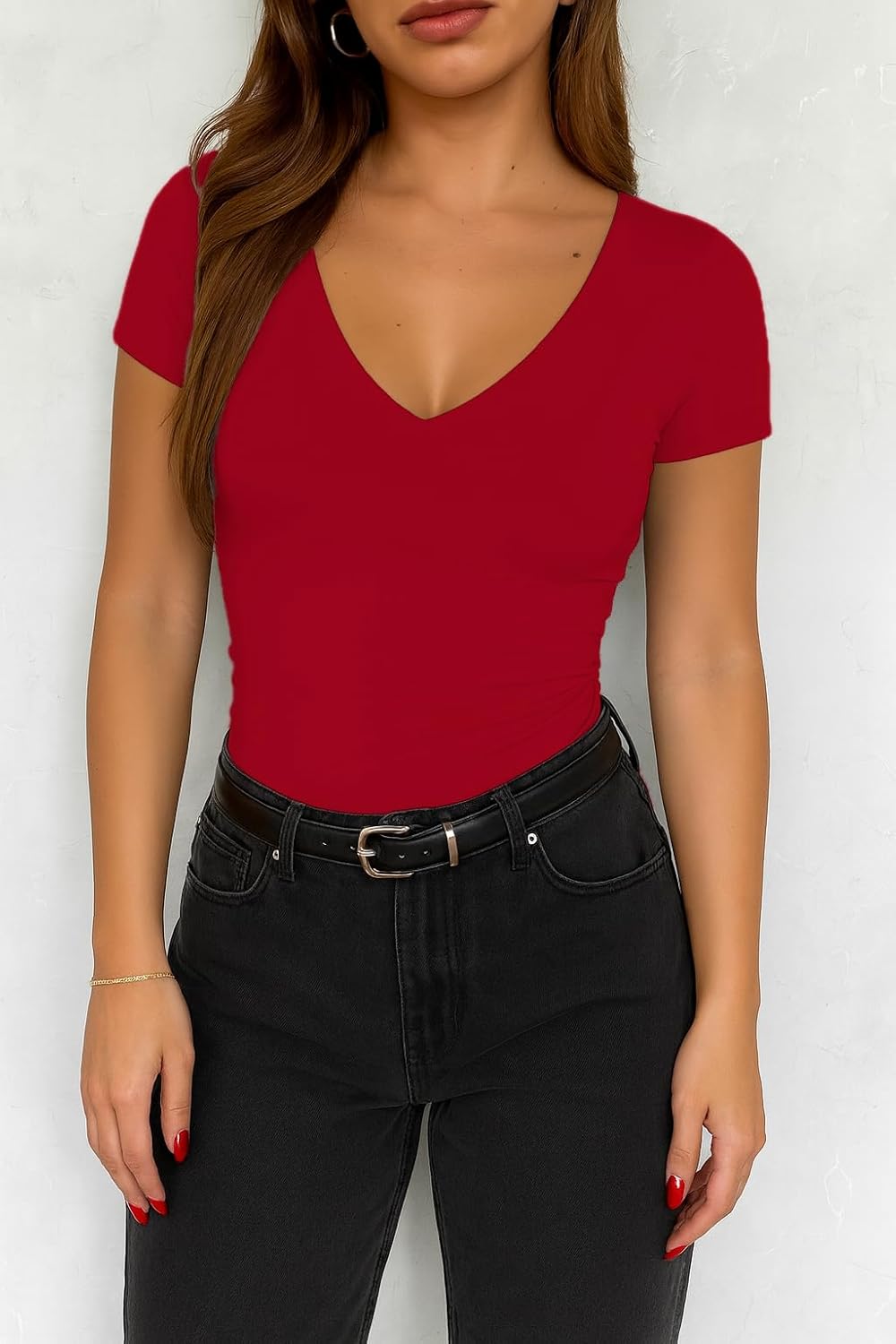 ForeFair Womens Casual V Neck Short Sleeve T Shirts Going Out Tops Double Lined Slim Fitted Summer Basic Tee - Image 5