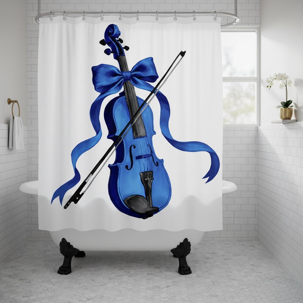 Elegant Music Shower Curtain Navy Blue Violin Bathroom Decor, Watercolor Instrument Art with Bow, Fabric Bath Curtain for Modern Feminine Bathroom (Navy)