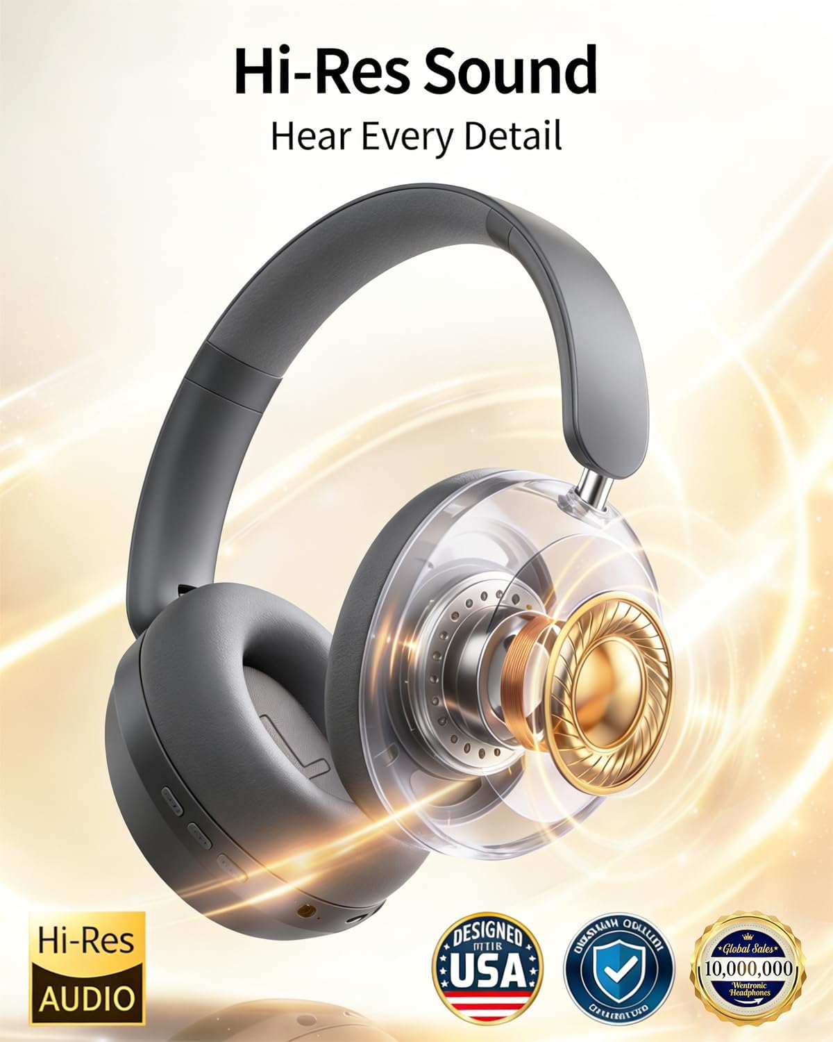 Wentronic Y05 Wireless Bluetooth Over-Ear Headphones – Noise Cancelling & Active Hi-Res Sound, 48H Playtime, Soft Comfort Earcups, Feel the Music Everywhere, Works with Android, iOS & PC, Grey
