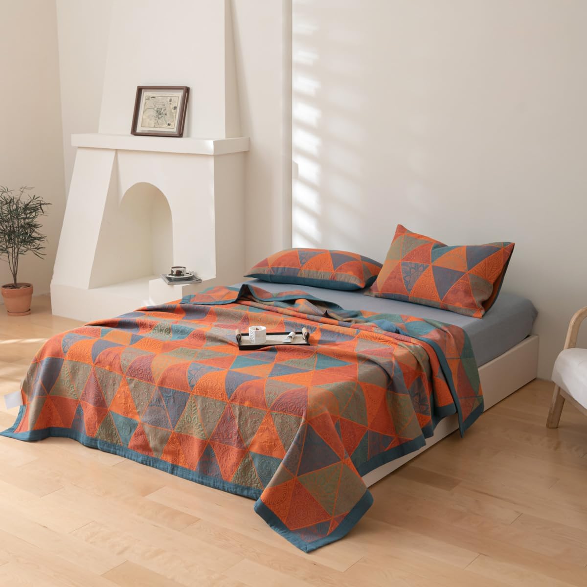 100% Cotton Muslin Blanket Jacquard Bohomian Mandala Triangle Print Quilt, Soft Bed Cover Reversible Bedspread Coverlet Breathable Lightweight Bedding Full/Queen(78"x94"), No Pillow Sham - Image 4