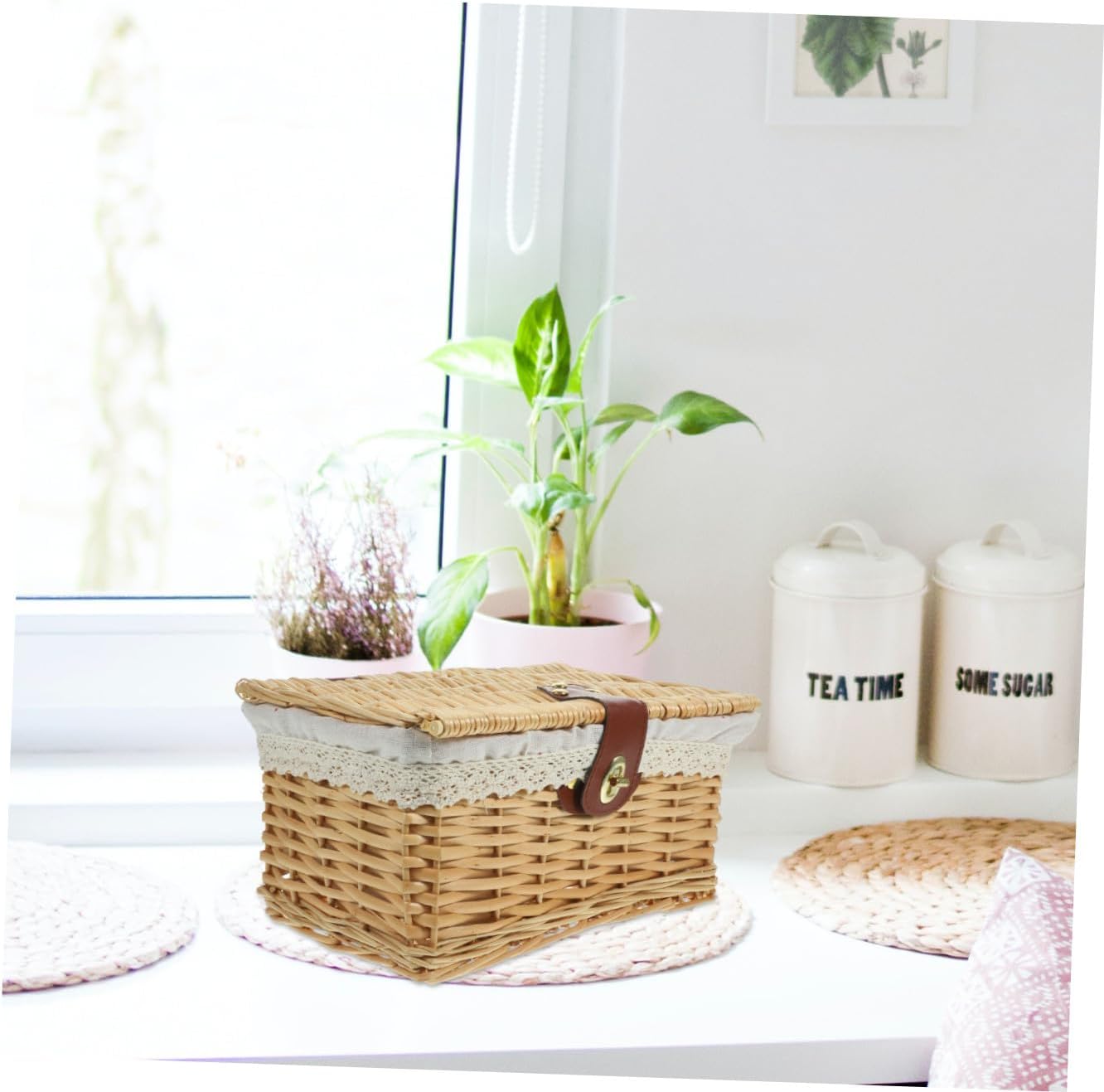 Happyyami Hand Woven Rattan Storage Basket for Home Craft Organizers and Storage Woven Basket Lid Desktop Organizing Front Door