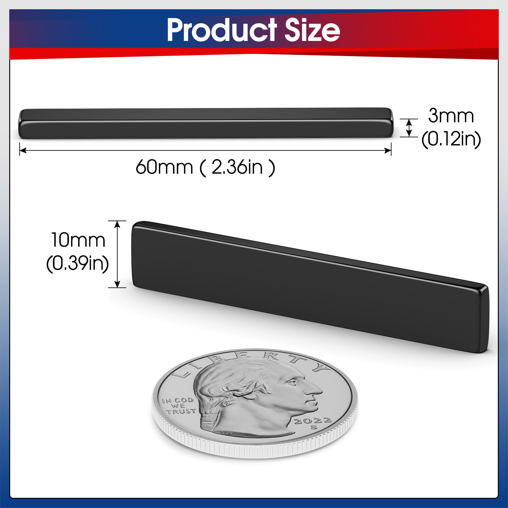 VNDUEEY Neodymium Magnets, 6 Pack Magnetic Bar Super Strong, Waterproof Heavy Duty Magnets with Adhesive Backing, Rare Earth Strips for Fridge, DIY Craft, Science - 60x10x3 mm, Black